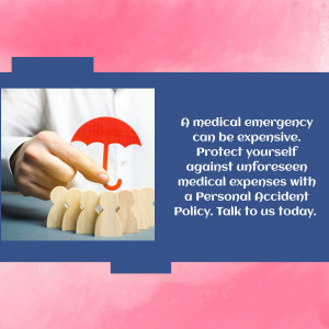 Image depicting a hand pointing towards a red umbrella protecting wooden figures, representing personal accident insurance.