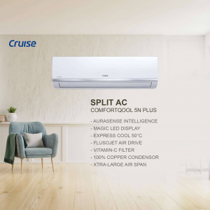 Cruise ComfortQool 5N Plus Split AC unit mounted on a wall in a modern living room.