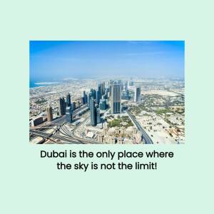 Aerial view of the Dubai skyline with text overlay
