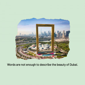 A golden frame revealing the Dubai skyline and cityscape.