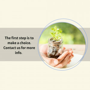 Hand holding a jar of coins with a small plant growing inside, symbolizing financial growth.