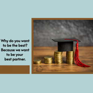 Graduation cap on a stack of coins with text about partnership
