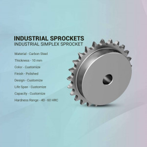 Close-up of a carbon steel industrial simplex sprocket with specifications.