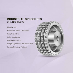 Silver industrial chain sprocket with technical specifications