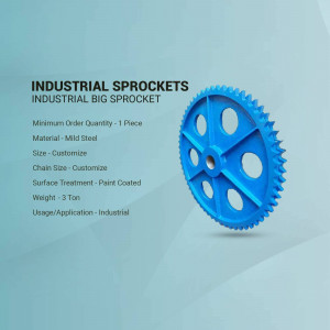 Blue industrial sprocket with product details