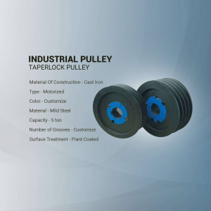 Two industrial taperlock pulleys with blue centers against a gradient blue background.
