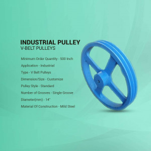 Blue industrial V-belt pulley on a light green background