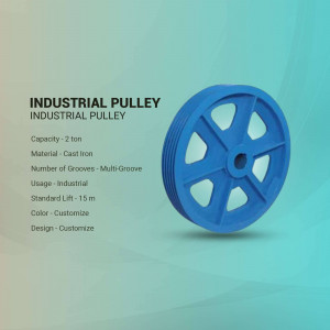 Blue industrial pulley with specifications