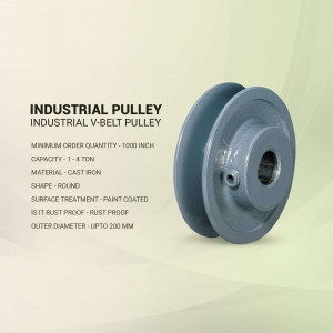 Gray industrial V-belt pulley with specifications