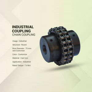 Close-up of a black industrial chain coupling with specifications listed.