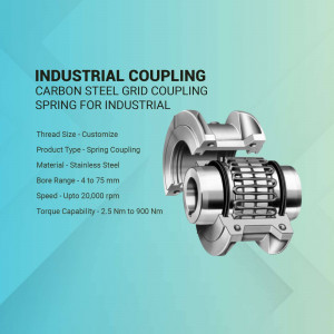 Close-up of a stainless steel industrial coupling with specifications.