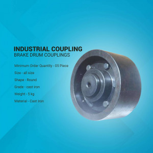 Close-up of a cast iron industrial brake drum coupling with specifications.