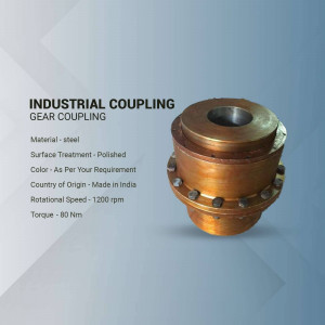Close-up of a polished steel industrial gear coupling with specifications.