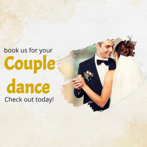 Bride and groom dancing, advertising couple dance lessons.