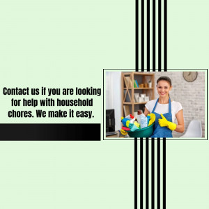 Woman with cleaning supplies offering household chore assistance