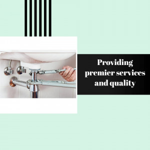 A plumber working on pipes under a sink with text overlay promoting premier plumbing services.