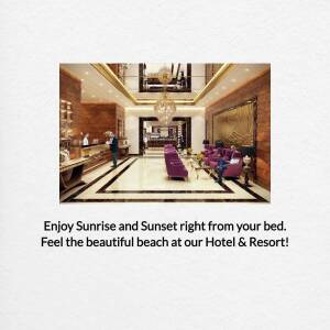 Elegant hotel lobby with a view of the ocean and comfortable seating.