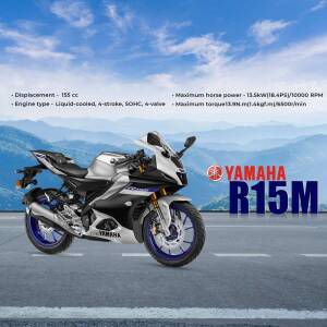 Side view of a grey and blue Yamaha R15M motorcycle with specifications displayed.
