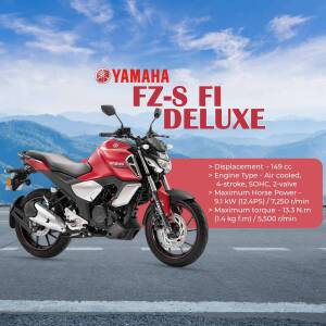 Red Yamaha FZ-S FI Deluxe motorcycle against a mountain backdrop