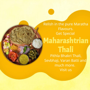 A vibrant image of a traditional Maharashtrian Thali with various dishes.