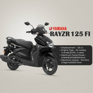 Black Yamaha RayZR 125 FI scooter with specifications