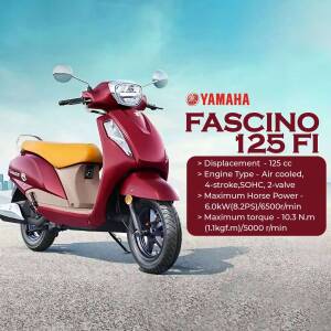 Red and beige Yamaha Fascino 125 FI scooter with specifications