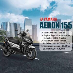 Yamaha Aerox 155 scooter parked in front of a city skyline