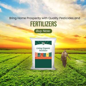 Image of a bag of Living Organic Fertilizer with a field background and text promoting prosperity.