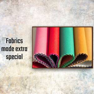 Close-up of colorful fabric swatches with textured edges and text overlay.