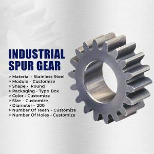 Close-up of a stainless steel industrial spur gear with specifications listed.