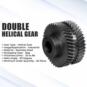 Close-up of a black double helical gear with specifications listed.