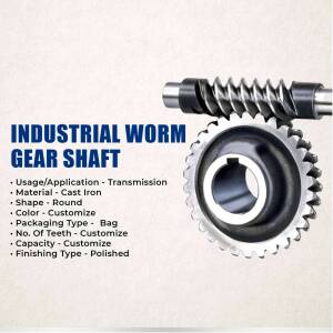 Close-up of an industrial worm gear shaft with specifications listed.