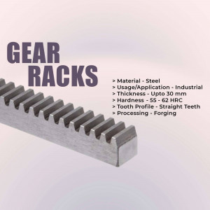 Close-up of a steel gear rack with specifications listed