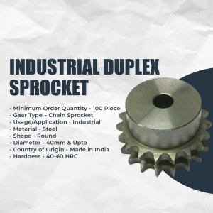Close-up of a silver industrial duplex sprocket with product details.