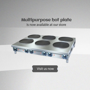 Stainless steel multipurpose hot plate with six burners and control knobs.