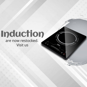 Black induction cooktop on a light gray background with text announcing restock.