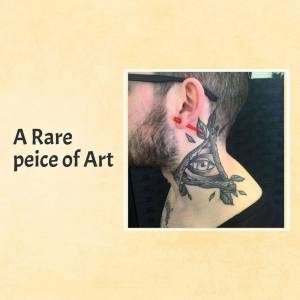 Close-up of a man's neck tattoo featuring an eye within a branch design.