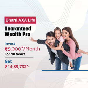 Family enjoying a piggyback ride with Bharti AXA Life Guaranteed Wealth Pro investment plan details.