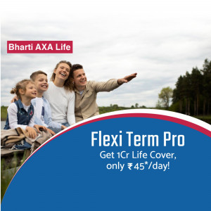 Family enjoying a moment with Bharti AXA Life Flexi Term Pro insurance advertisement