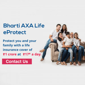 Family sitting on a couch with Bharti AXA Life eProtect advertisement