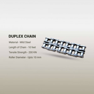 Close-up of a duplex chain made of mild steel with specifications.