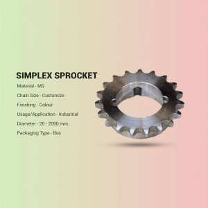 Silver simplex sprocket with details on material, chain size, and usage.