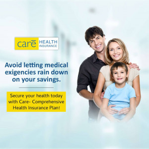Family smiling with Care Health Insurance logo and text promoting financial protection against medical expenses.