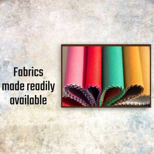 A framed image displaying a variety of colorful fabric swatches.