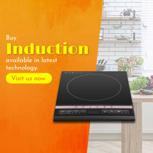 Black induction cooktop on a wooden surface with a kitchen background