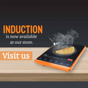 Orange induction cooktop with a frying pan and steaming food, advertising availability at a store.