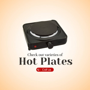 Black electric hot plate on a light orange background with text 'Hot Plates' and a call to action.