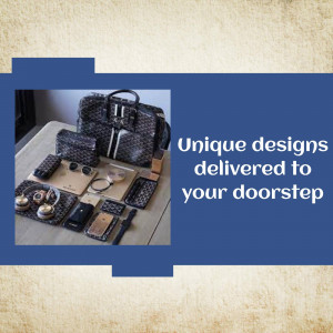 A collection of luxury handbags, wallets, and accessories displayed on a table with text overlay.