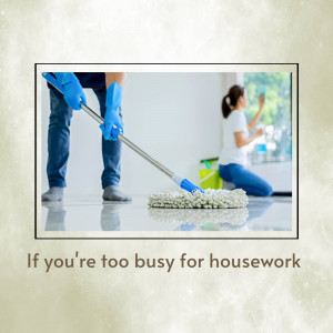 Person mopping a floor while another cleans a window, advertising house cleaning services.