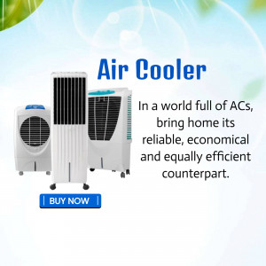 Advertisement for air coolers, showcasing three different models with a 'Buy Now' button.